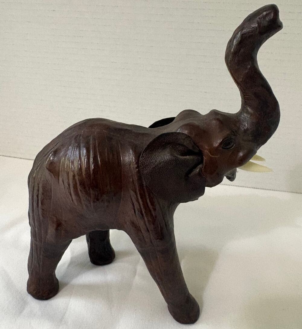 Vintage Leather Wrapped Elephant-Trunk Up w/Tusks-Handmade-No Damage Intact Ears